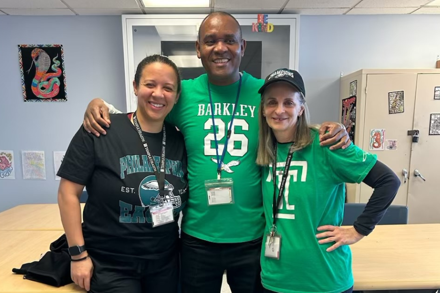 (From left): TUH-Episcopal Campus Behavioral Health Therapists Nina Guy, Jean Francois Feristin, and Alicia Brodersohn, who threw Super Bowl and NFC Championship parties for our Behavioral Health patients.