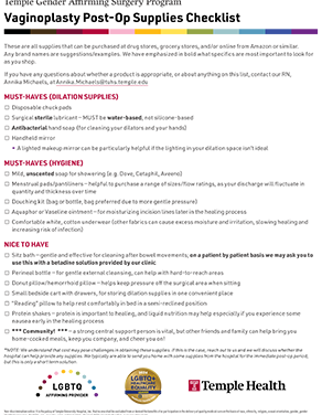 Vaginoplasty Supplies Check List