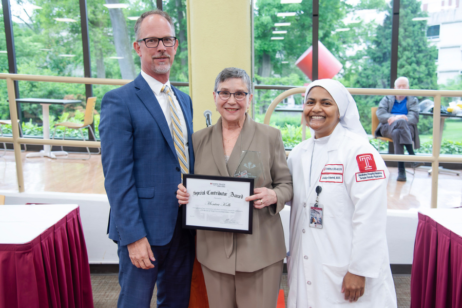 Monica Kolb, Staff Chaplain, Pastoral Care, TUH – Jeanes Campus (center) with (from left) TUH – Jeanes Campus Executive Director Matthew Shelak, OTR/L, MBA, and presenting speaker Jocelyn Edathil, MD, PhD, FACP.