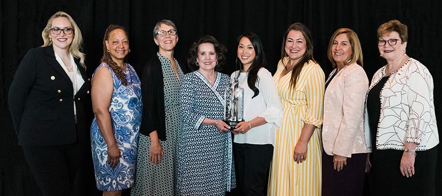 (From left): Temple University Hospital Dermal Defense Team members Meghan Dunleavy, Cheryl Preston, Anne DeLucia, Diane Wagner, Maria Tieng, and Crystal Hill; WOCN Society Past President Kelly Jaszarowski; and WOCN Society President Stephanie Yates.