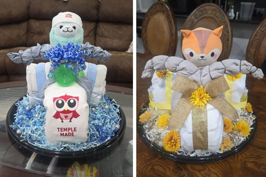 Two more of Baek’s diaper cakes; the cake on the left has one of our new ‘Temple made’ onesies that all babies born at Temple Health will now receive, courtesy of our partnership with the Phillies!