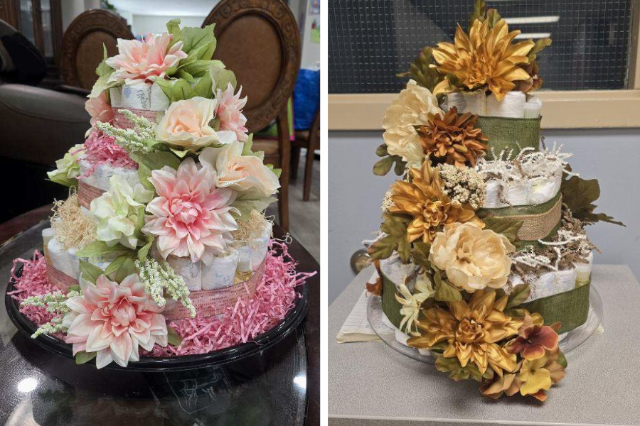 Diaper cakes with flower themes, which Baek made using faux flowers.