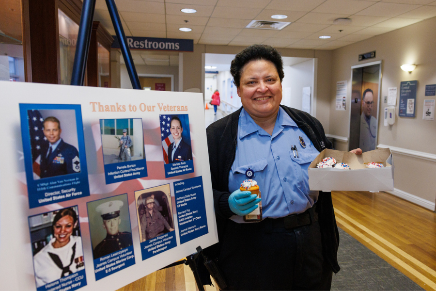 Photos of Temple Health veterans in uniform were displayed around the Health System, including at TUH-Jeanes Campus.