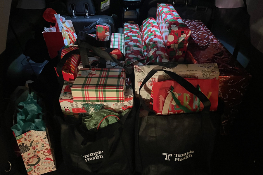 Gavin and Grace’s presents being delivered in Santa’s sleigh (aka Associate Director of Nursing Matthew Weidenmiller’s car).