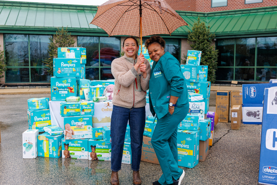 Even a bit of rain couldn’t stop us—and our community partners—from distributing diapers and other essential supplies.