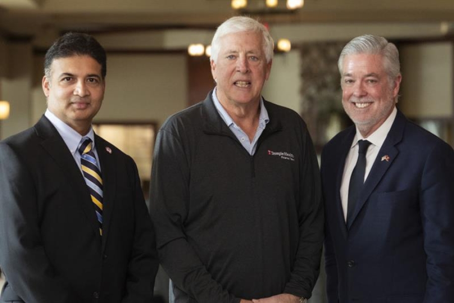 Abhi Rastogi, Mike Young, and Temple University President John Fry.