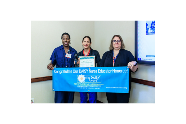 Klein (center) with Chaudron Carter Short, PhD, EdD, MHA, MHEd, MSN, RN, NEA-BC, Executive Vice President and Chief Nurse Executive of Temple Health (left) and Lois Scipione, BSN, MSN, AVP of Nursing Education, Professional Practice, & Magnet (right).