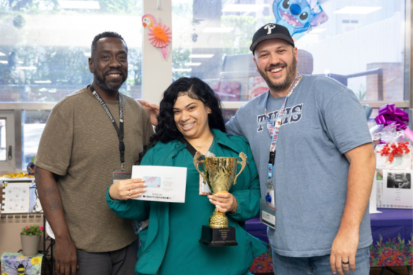 Temple’s Got Talent Episcopal Campus winner Nadine Ortiz, center, and runner-up Joseph Canning, right.