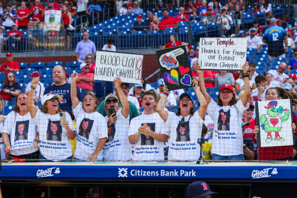 Lauren’s friends and family, who gathered to cheer her on. Courtesy of the Philadelphia Phillies.]